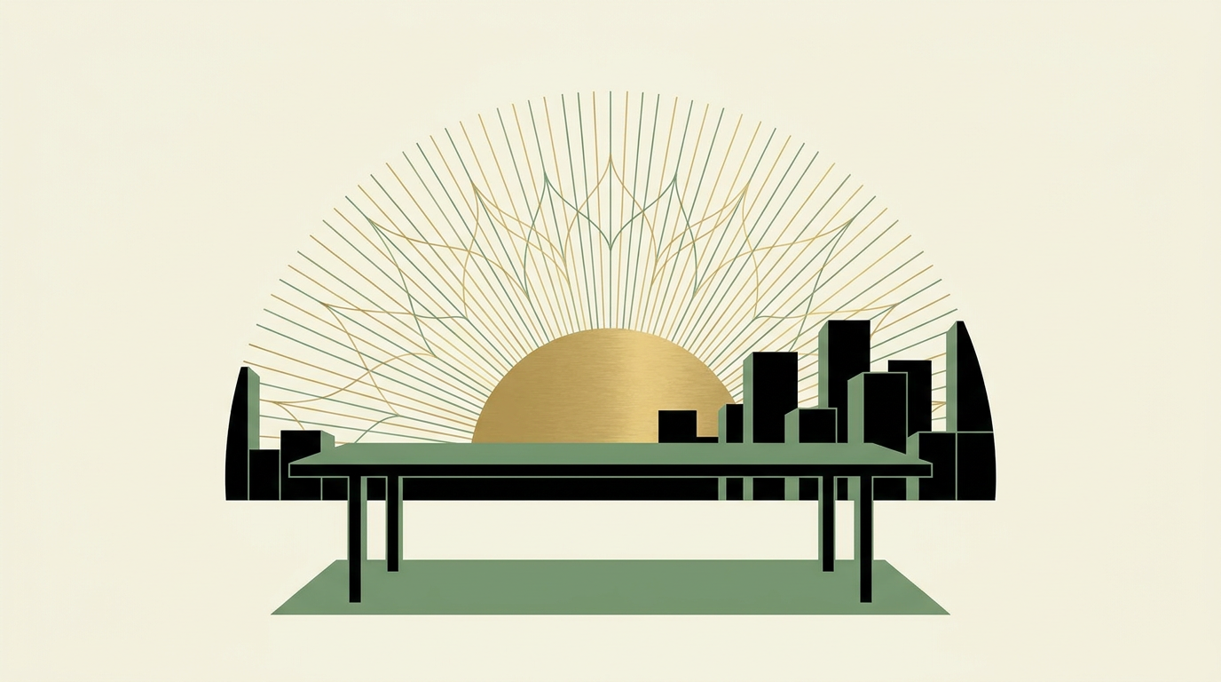 Minimal editorial illustration of an empty boardroom table at dawn, with a sun rising behind it drawn as radiating lines of data in green, gold, and black