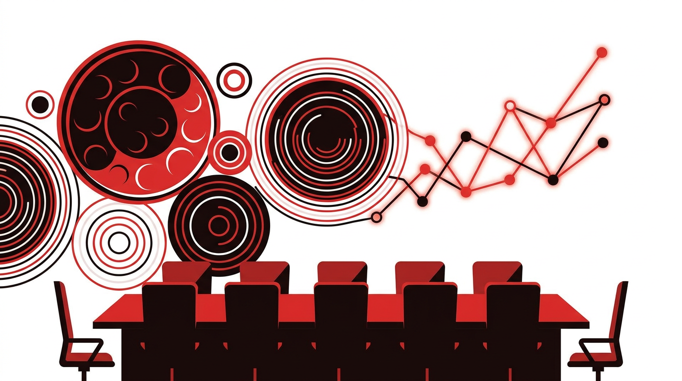 minimal editorial illustration of steelpan-inspired concentric circles becoming a network graph above a boardroom table, red black and white